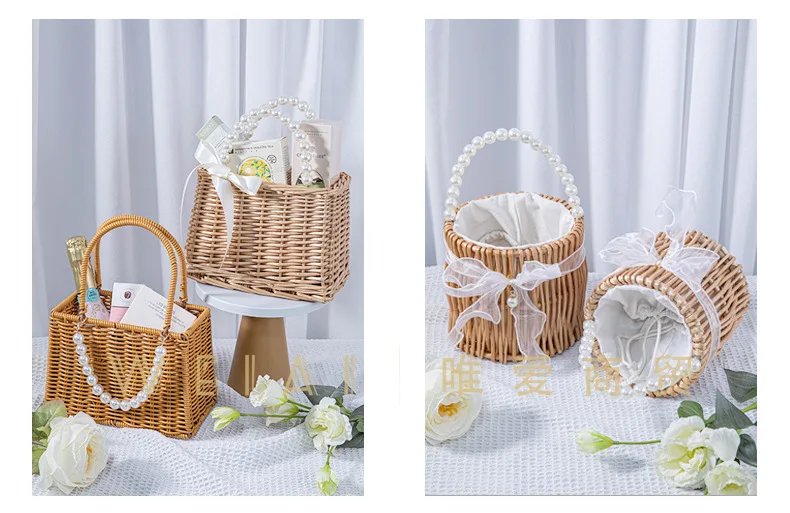 Handmade Woven Pearl Handheld Wicker Basket with White Linner for Bridesmaids, Square, Round Willow Gift Box, Storage Bag