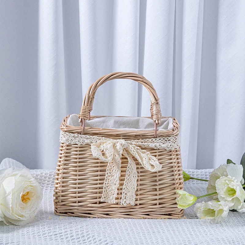 Handmade Woven Pearl Handheld Wicker Basket with White Linner for Bridesmaids, Square, Round Willow Gift Box, Storage Bag