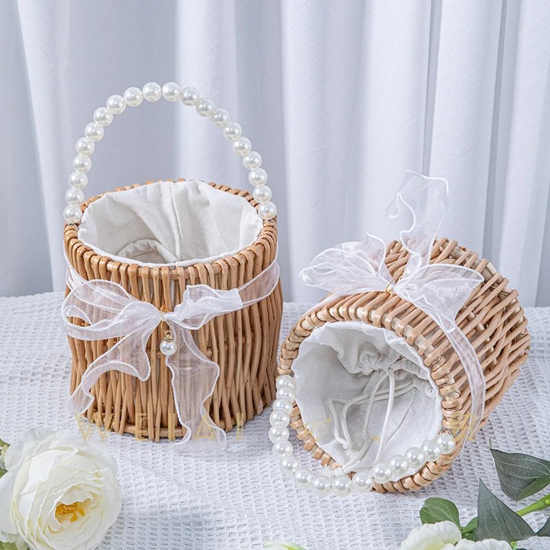 Handmade Woven Pearl Handheld Wicker Basket with White Linner for Bridesmaids, Square, Round Willow Gift Box, Storage Bag