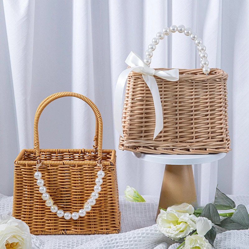 Handmade Woven Pearl Handheld Wicker Basket with White Linner for Bridesmaids, Square, Round Willow Gift Box, Storage Bag