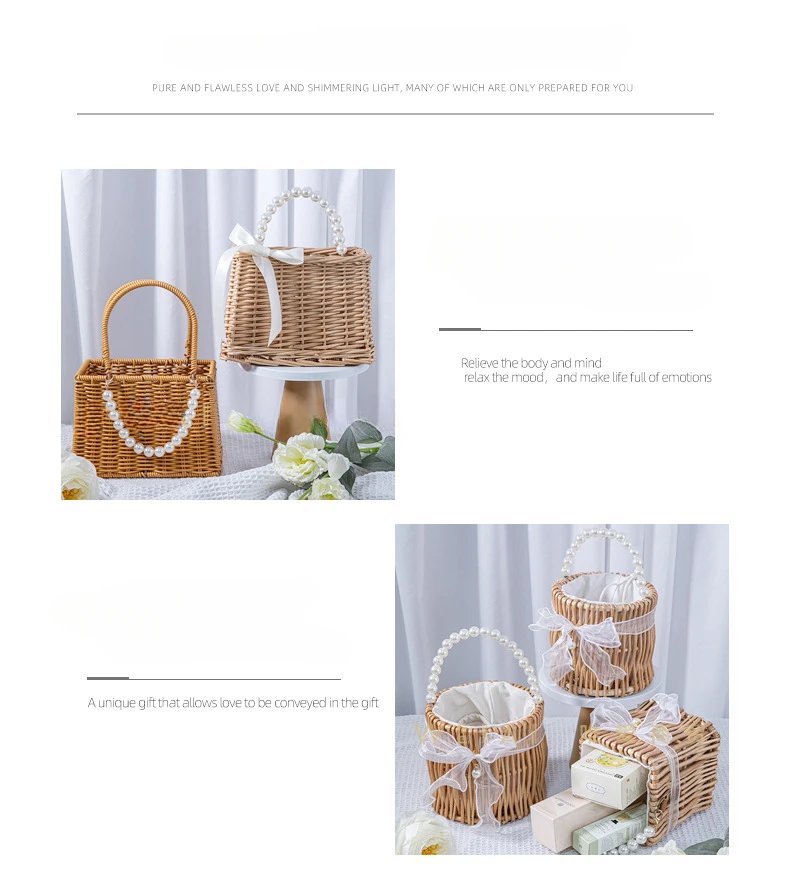 Handmade Woven Pearl Handheld Wicker Basket with White Linner for Bridesmaids, Square, Round Willow Gift Box, Storage Bag