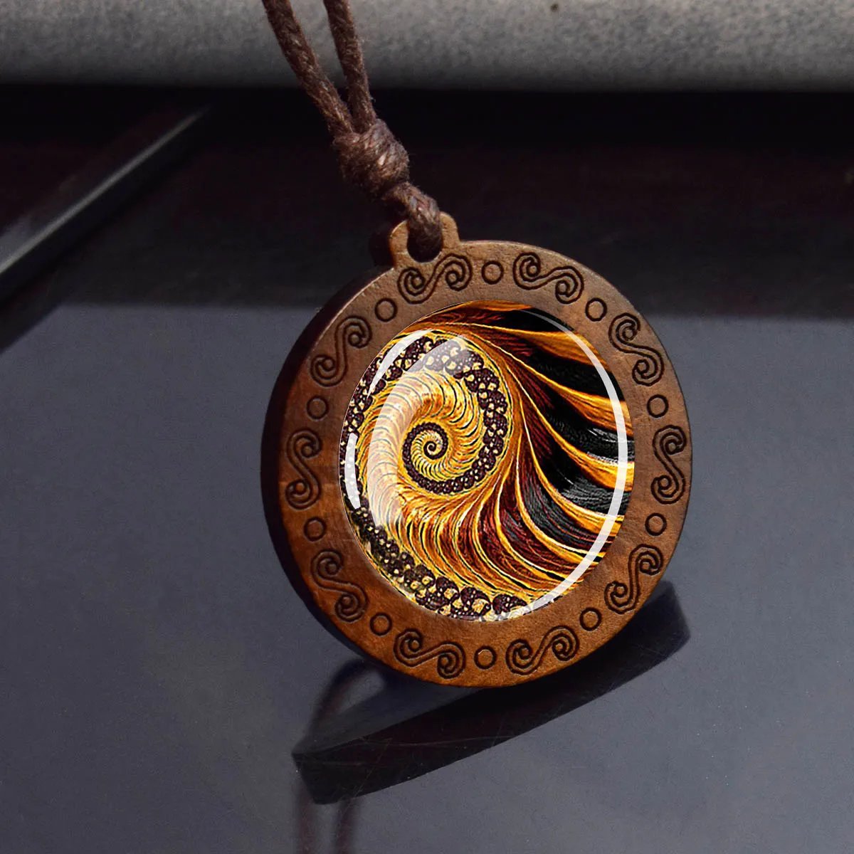 Sri Yantra Mandala Glass Necklace Wood Pendant Buddhist Sacred Geometry Jewelry Spiritual Yoga Gift