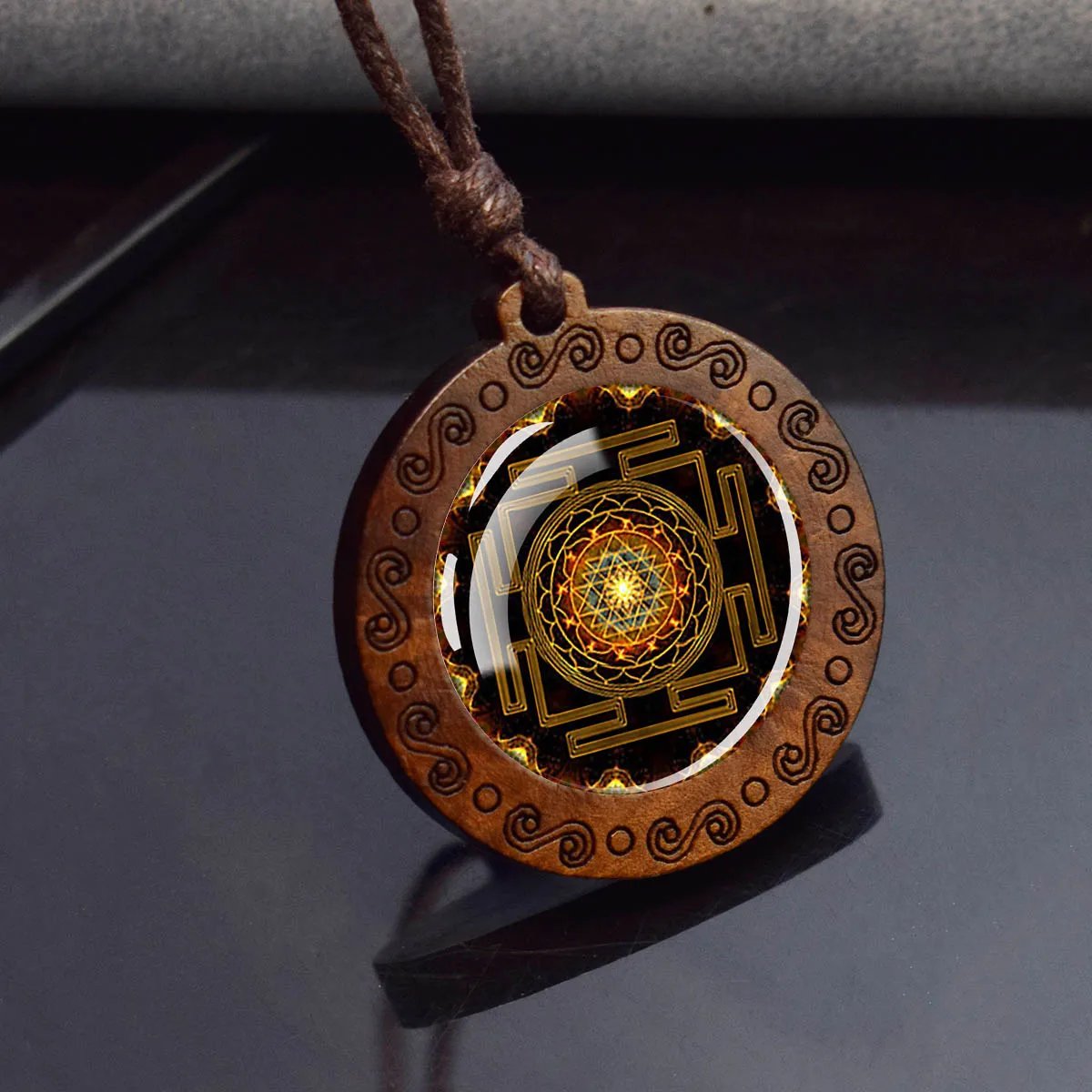 Sri Yantra Mandala Glass Necklace Wood Pendant Buddhist Sacred Geometry Jewelry Spiritual Yoga Gift