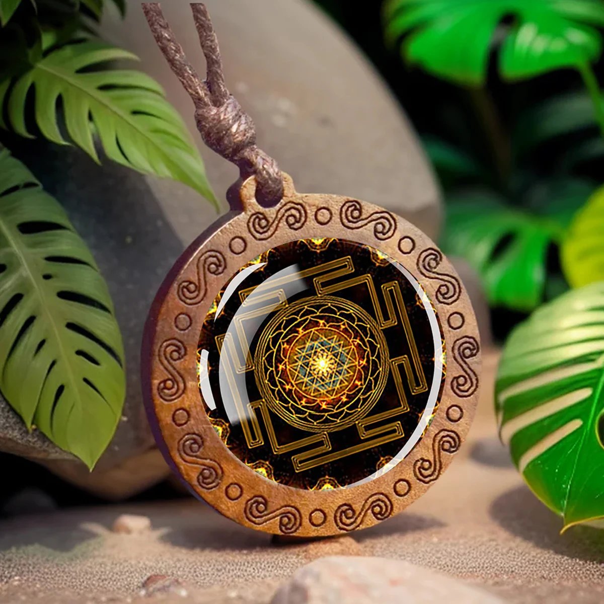 Sri Yantra Mandala Glass Necklace Wood Pendant Buddhist Sacred Geometry Jewelry Spiritual Yoga Gift