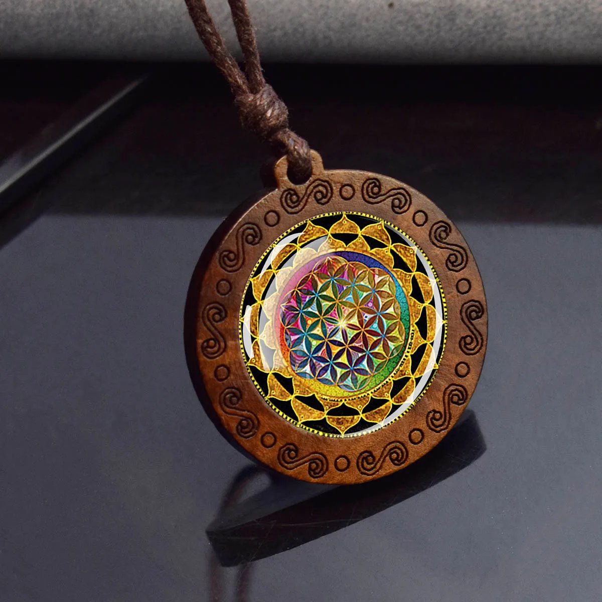 Sri Yantra Mandala Glass Necklace Wood Pendant Buddhist Sacred Geometry Jewelry Spiritual Yoga Gift