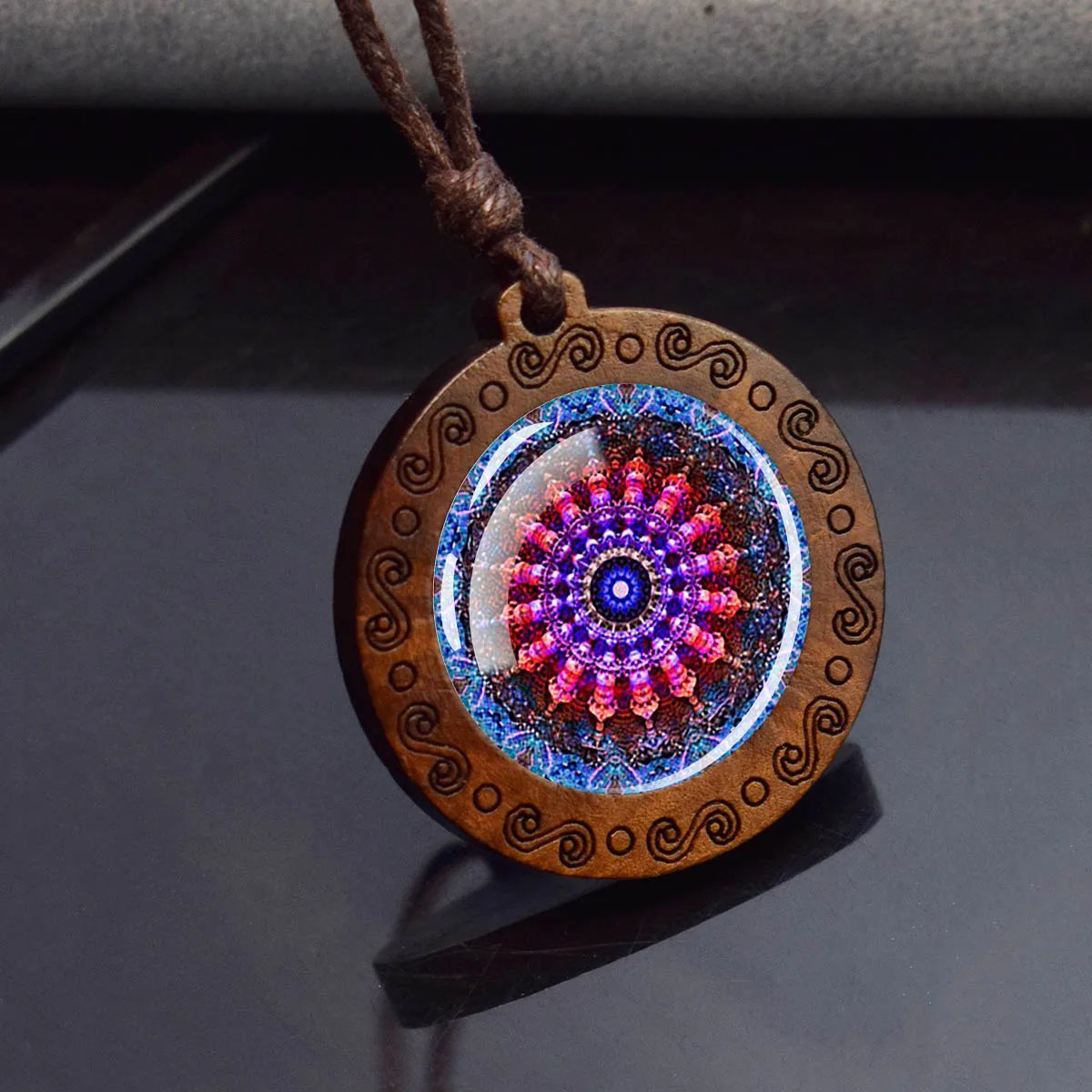 Sri Yantra Mandala Glass Necklace Wood Pendant Buddhist Sacred Geometry Jewelry Spiritual Yoga Gift