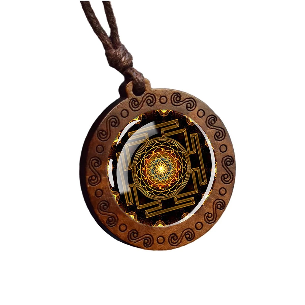 Sri Yantra Mandala Glass Necklace Wood Pendant Buddhist Sacred Geometry Jewelry Spiritual Yoga Gift