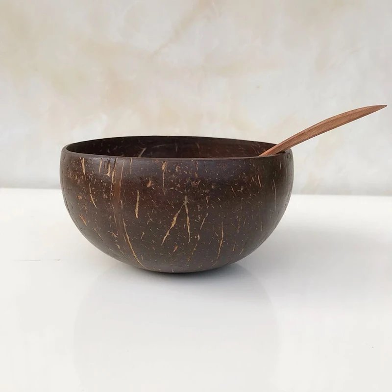 12-15cm Natural Coconut Bowl set wooden Salad Ramen bowl Coconut Wood Spoon Set coco smoothie Kitchen tableware Coconut bowl