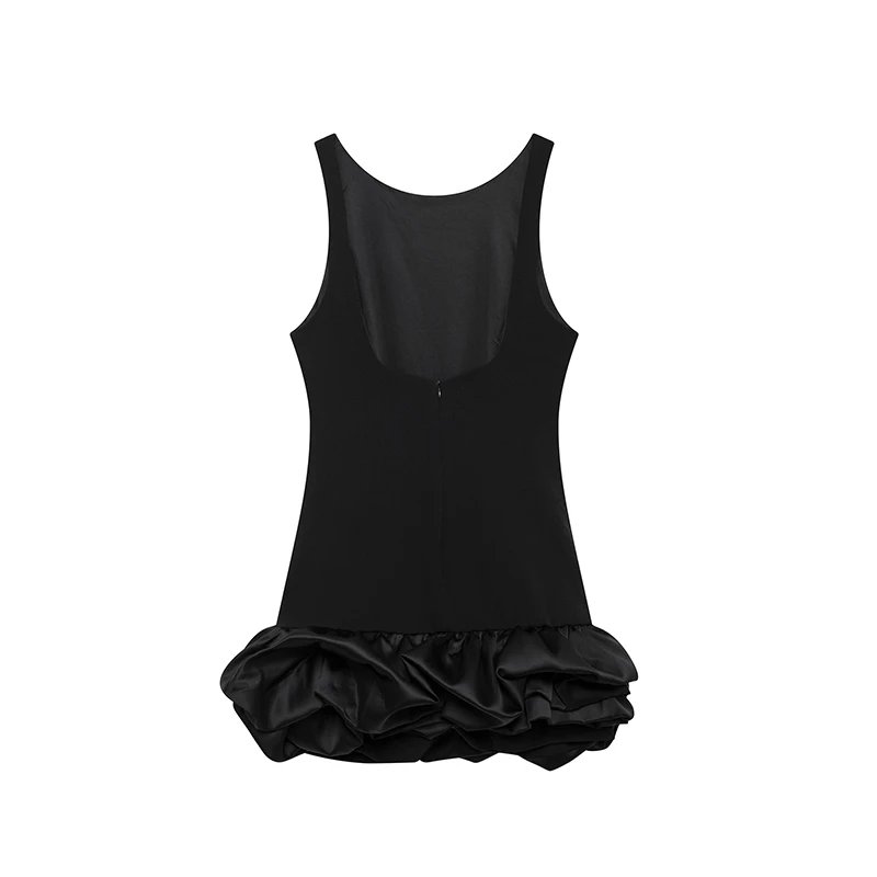 Sexy Patchwork Pleated Mini Dress Women Slim O-neck Sleeveless Backless Party Dresses 2024 Autumn Ladies New Solid Vestidos