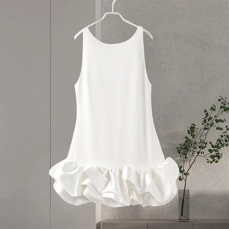 Sexy Patchwork Pleated Mini Dress Women Slim O-neck Sleeveless Backless Party Dresses 2024 Autumn Ladies New Solid Vestidos