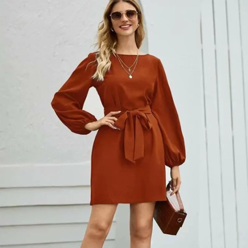 2021 Fashion explosions Chiffon solid color plus size loose simple lantern sleeve dress belt slim temperament women's clothing