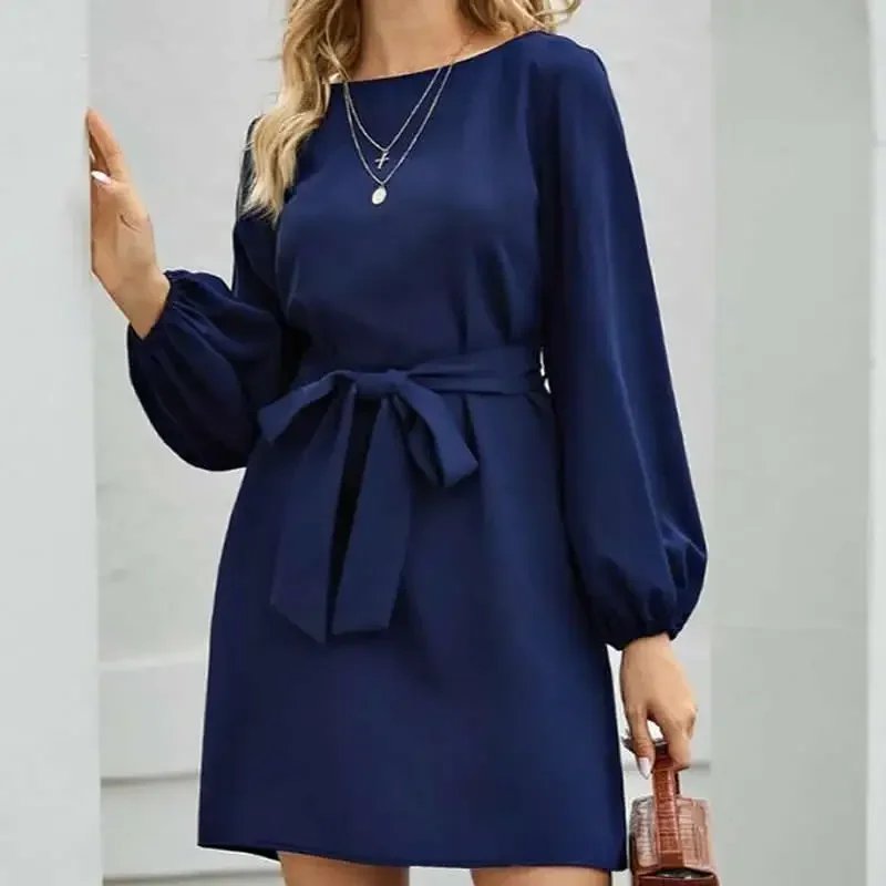 2021 Fashion explosions Chiffon solid color plus size loose simple lantern sleeve dress belt slim temperament women's clothing