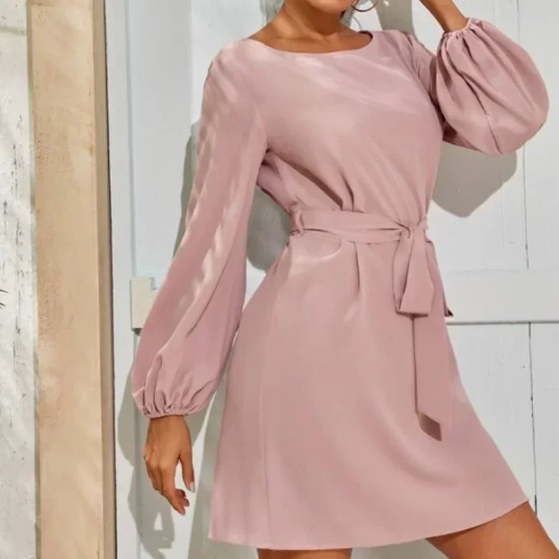 2021 Fashion explosions Chiffon solid color plus size loose simple lantern sleeve dress belt slim temperament women's clothing