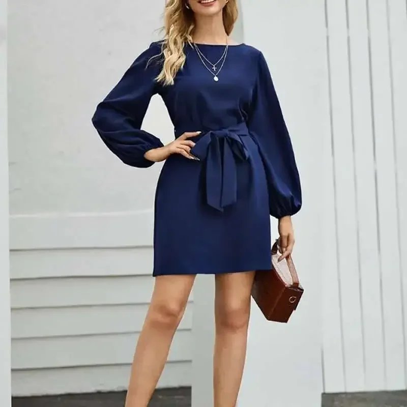 2021 Fashion explosions Chiffon solid color plus size loose simple lantern sleeve dress belt slim temperament women's clothing