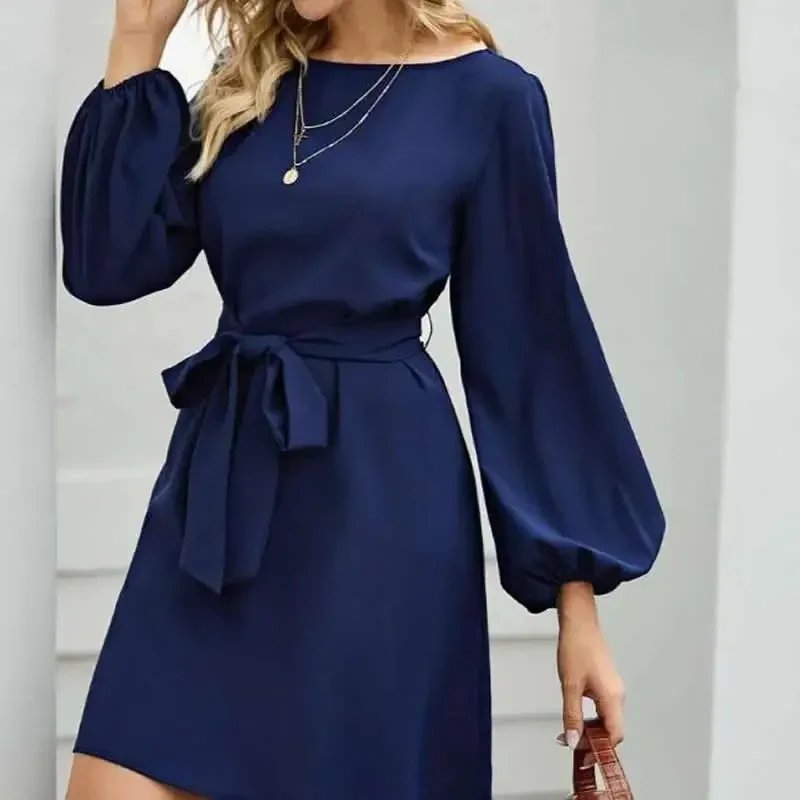 2021 Fashion explosions Chiffon solid color plus size loose simple lantern sleeve dress belt slim temperament women's clothing