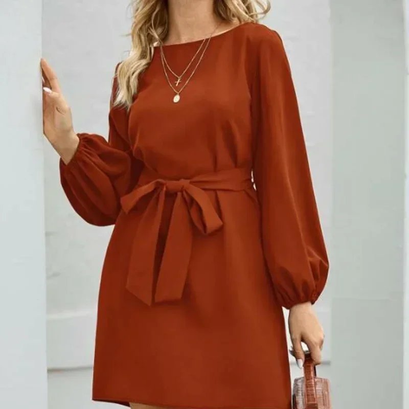 2021 Fashion explosions Chiffon solid color plus size loose simple lantern sleeve dress belt slim temperament women's clothing