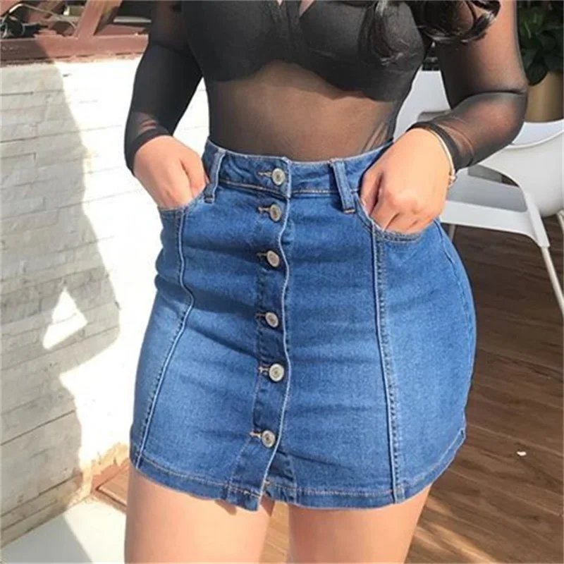 Fashion Single-breasted Splice Wrap Hip Skirt Women High Waist Slim Fit Denim Half-body Dress Female Office Commuter Casual Wear