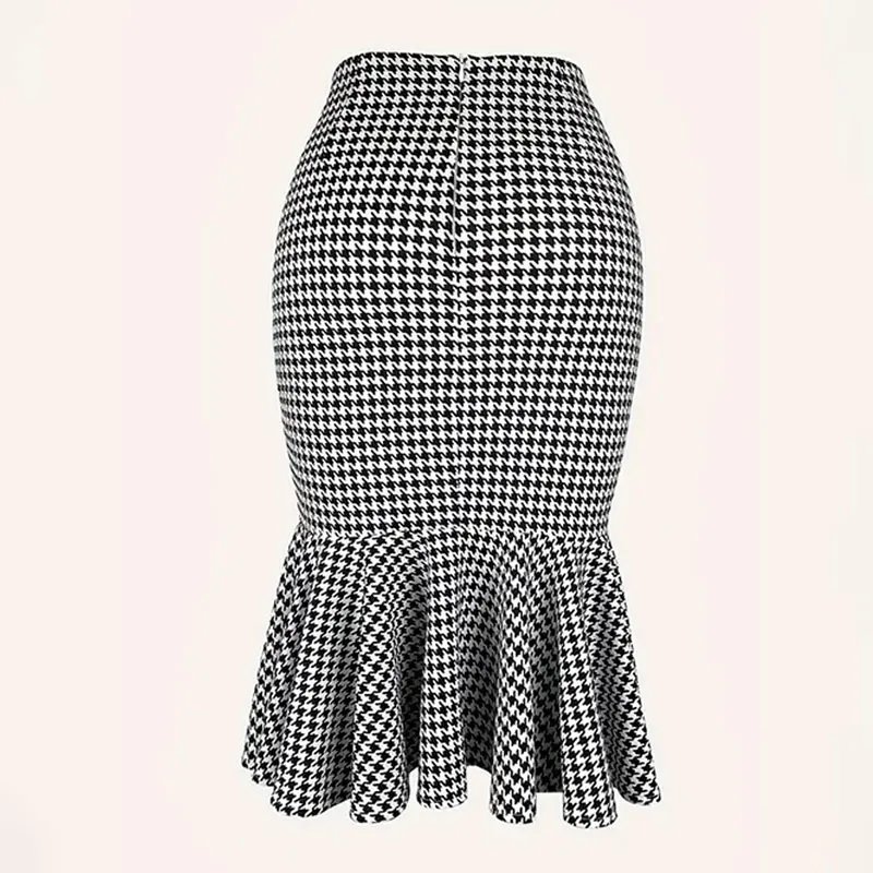 Elegant Houndstooth Printed Knee Length Skirts Women Fashion High Waist Slim Skirts Ladies Elegant Houndstooth Printed Knee Leng