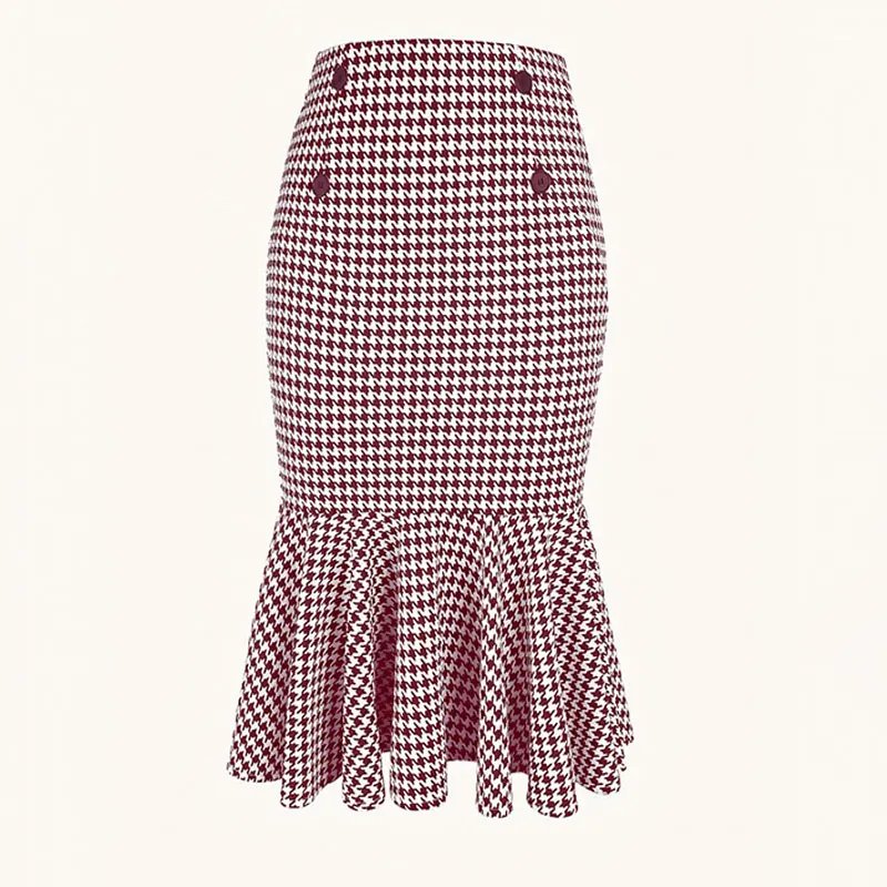 Elegant Houndstooth Printed Knee Length Skirts Women Fashion High Waist Slim Skirts Ladies Elegant Houndstooth Printed Knee Leng