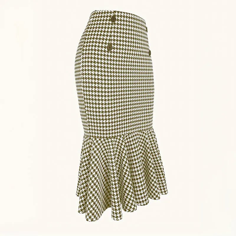 Elegant Houndstooth Printed Knee Length Skirts Women Fashion High Waist Slim Skirts Ladies Elegant Houndstooth Printed Knee Leng