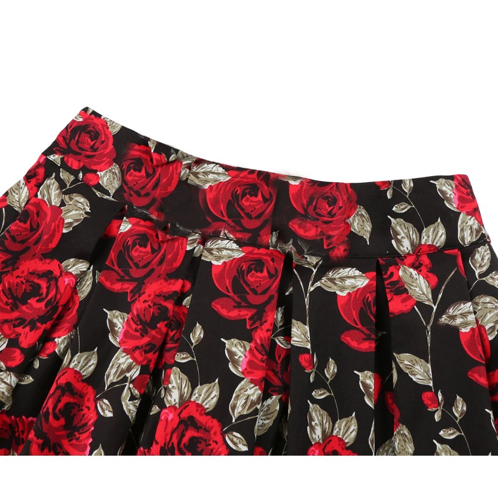 3XL High Waist Floral Rockabilly Pleated Skirts Womens Summer Red Rose Flower Bohe 50s 60s Vintage Skirt Midi Oversized Clothing