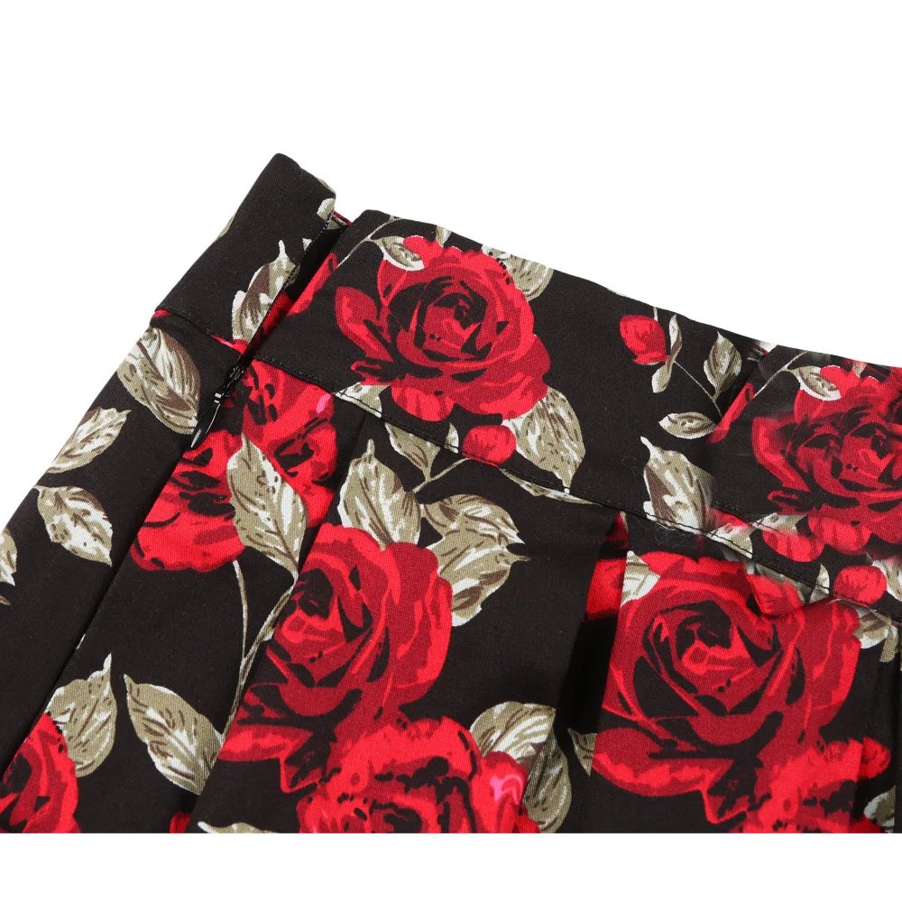 3XL High Waist Floral Rockabilly Pleated Skirts Womens Summer Red Rose Flower Bohe 50s 60s Vintage Skirt Midi Oversized Clothing