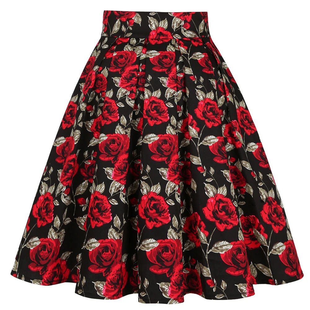 3XL High Waist Floral Rockabilly Pleated Skirts Womens Summer Red Rose Flower Bohe 50s 60s Vintage Skirt Midi Oversized Clothing