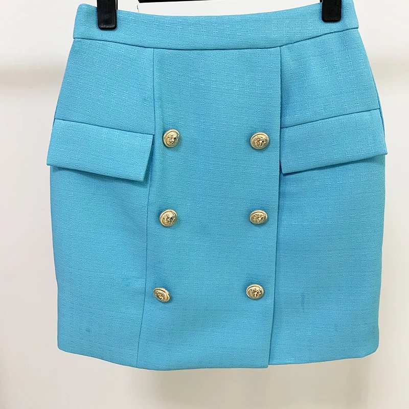 HIGH STREET New Fashion 2024 Designer Skirt Women's Lion Buttons Embellished and Textured Matching Skirt Sky Blue