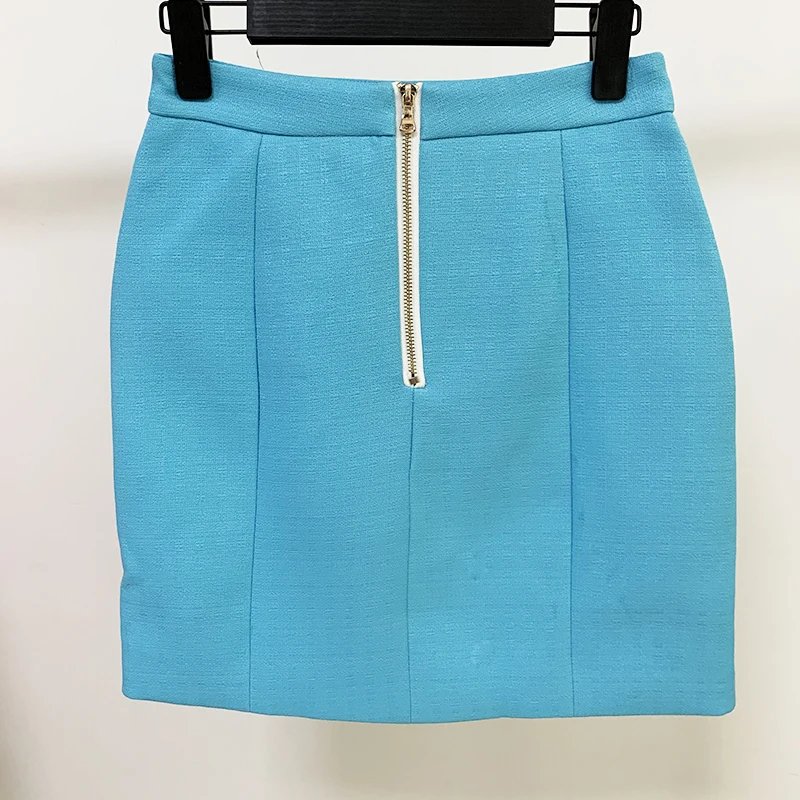 HIGH STREET New Fashion 2024 Designer Skirt Women's Lion Buttons Embellished and Textured Matching Skirt Sky Blue