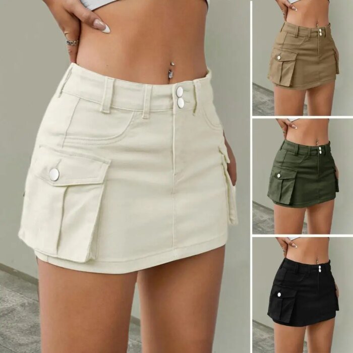 Denim Skirt with Pockets Stylish Women's Denim Cargo Skirt with Button Fly Pockets Low Waist Mini Jean Skirt for Streetwear - Image 1