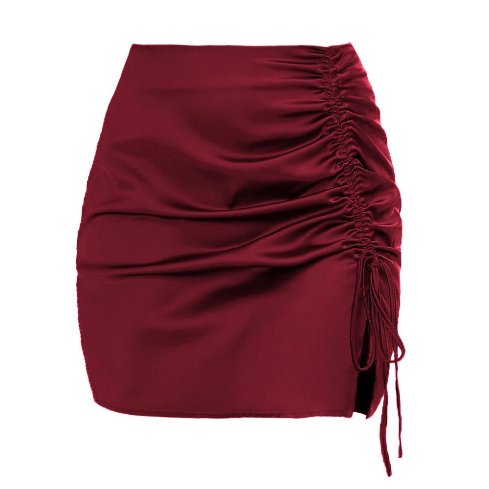 Women's Summer Solid Color Drawstring Pleated Sexy High Waisted Satin Skirt 2025 Femael Bodycon Club Party Wear Skirts