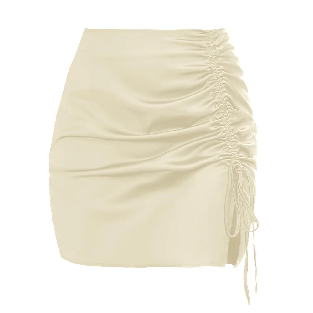 Women's Summer Solid Color Drawstring Pleated Sexy High Waisted Satin Skirt 2025 Femael Bodycon Club Party Wear Skirts