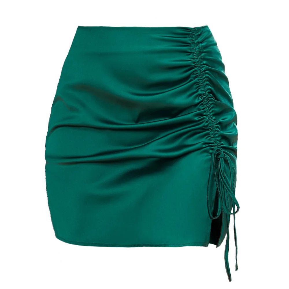 Women's Summer Solid Color Drawstring Pleated Sexy High Waisted Satin Skirt 2025 Femael Bodycon Club Party Wear Skirts