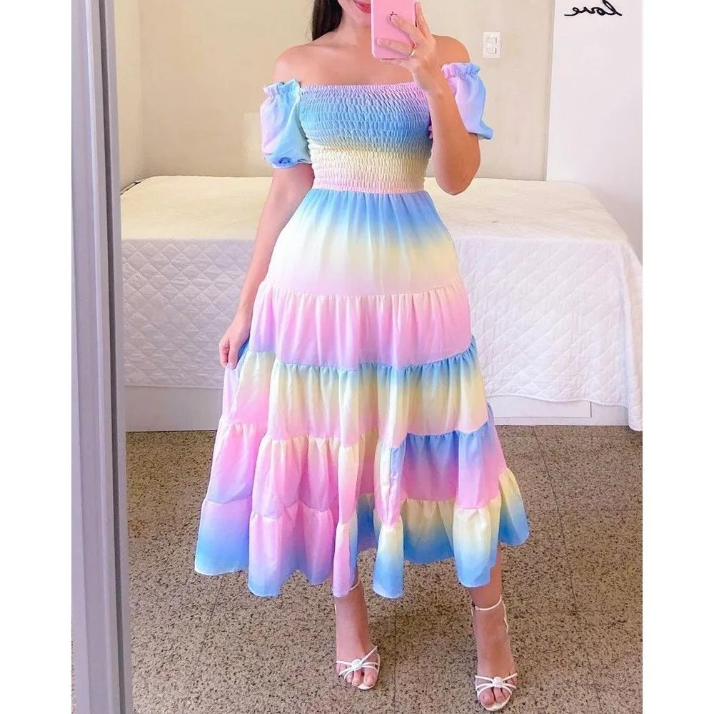 Elegant Women's Off Shoulder Midi Dress 2024 Summer Fashion dresses High Waist Flower Print Short Sleeve Dress Robe Clothing