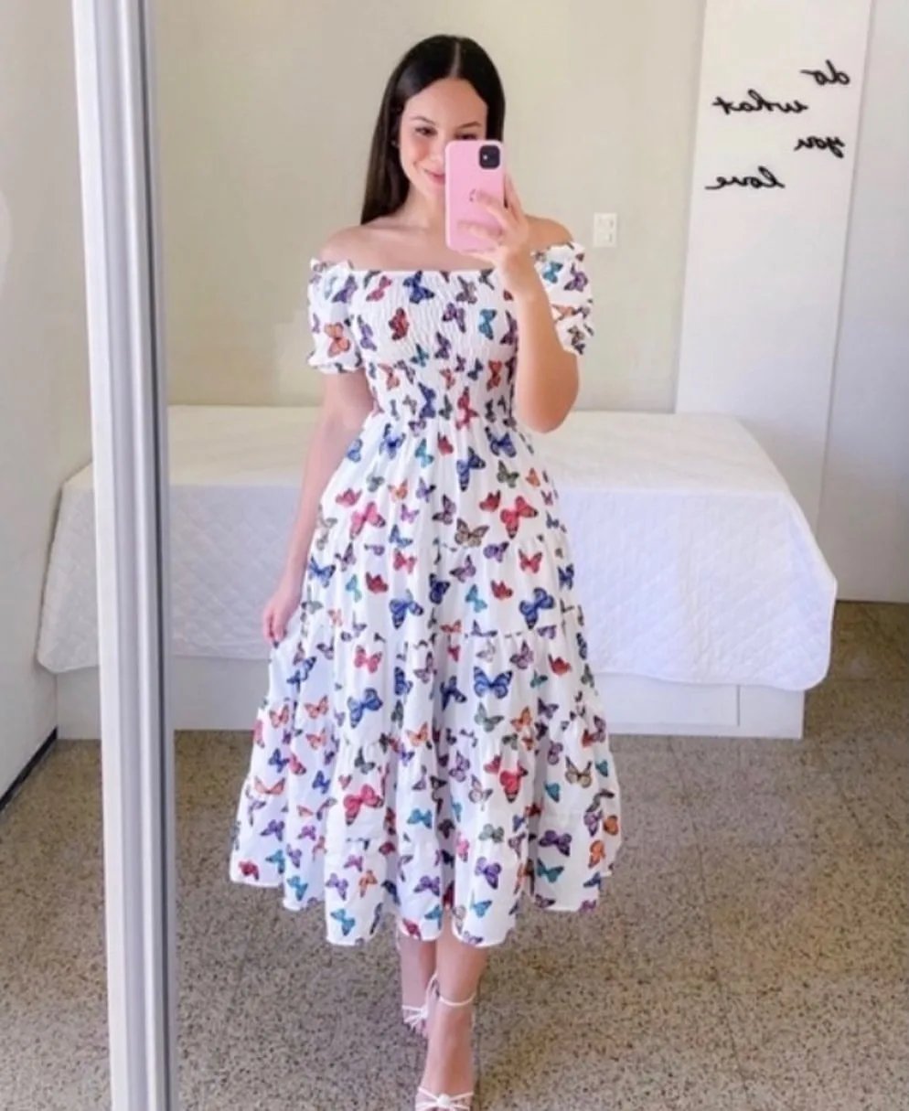 Elegant Women's Off Shoulder Midi Dress 2024 Summer Fashion dresses High Waist Flower Print Short Sleeve Dress Robe Clothing