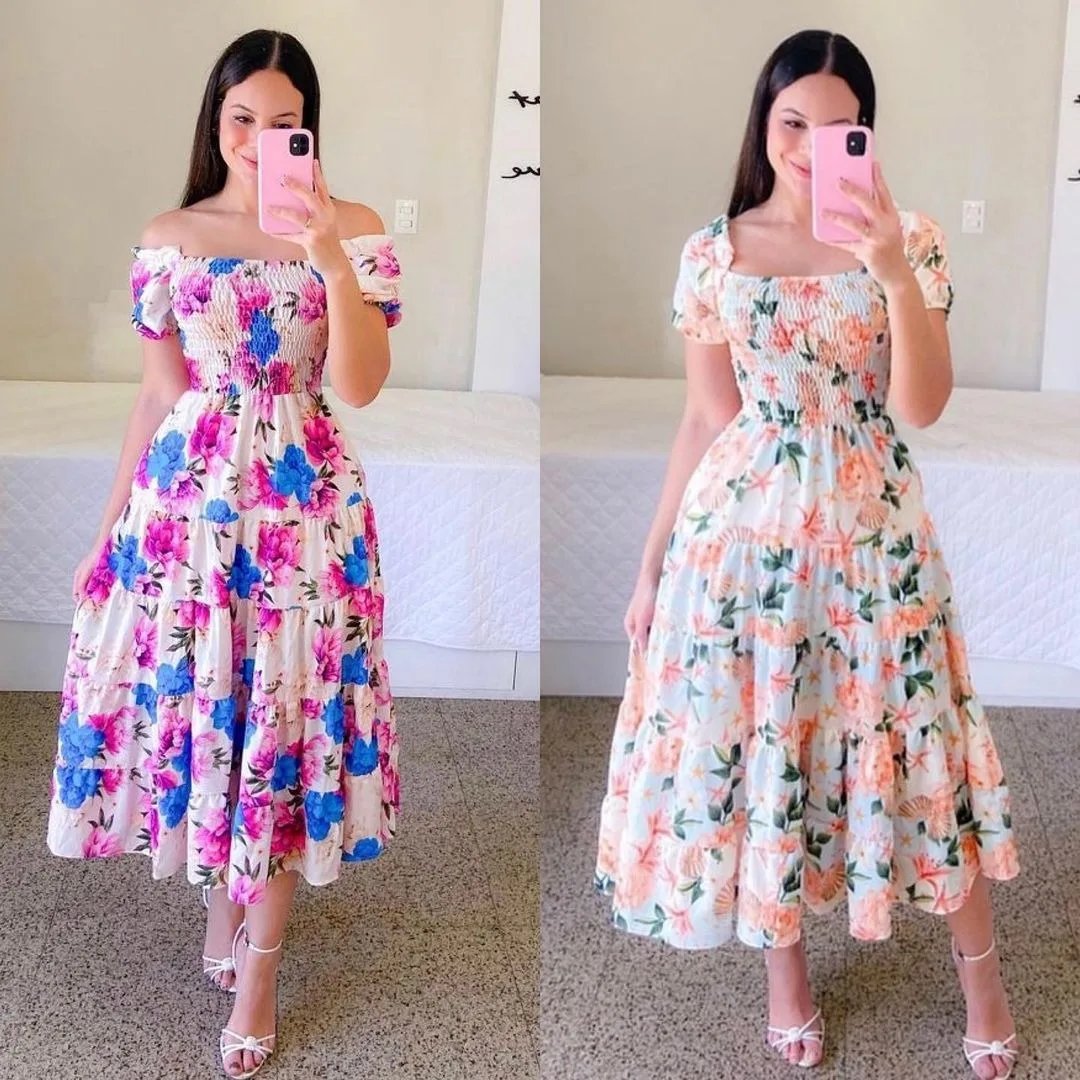 Elegant Women's Off Shoulder Midi Dress 2024 Summer Fashion dresses High Waist Flower Print Short Sleeve Dress Robe Clothing