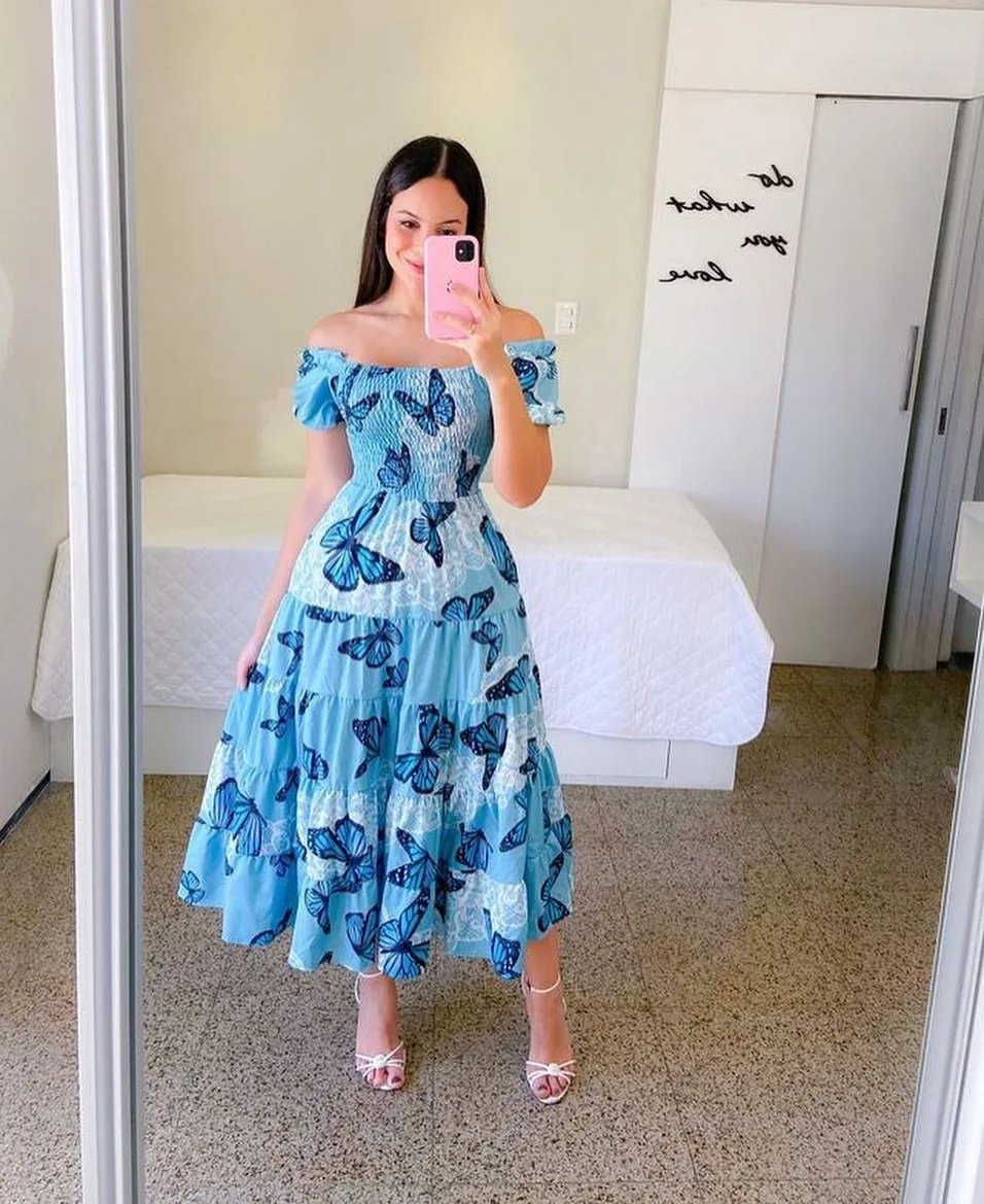 Elegant Women's Off Shoulder Midi Dress 2024 Summer Fashion dresses High Waist Flower Print Short Sleeve Dress Robe Clothing