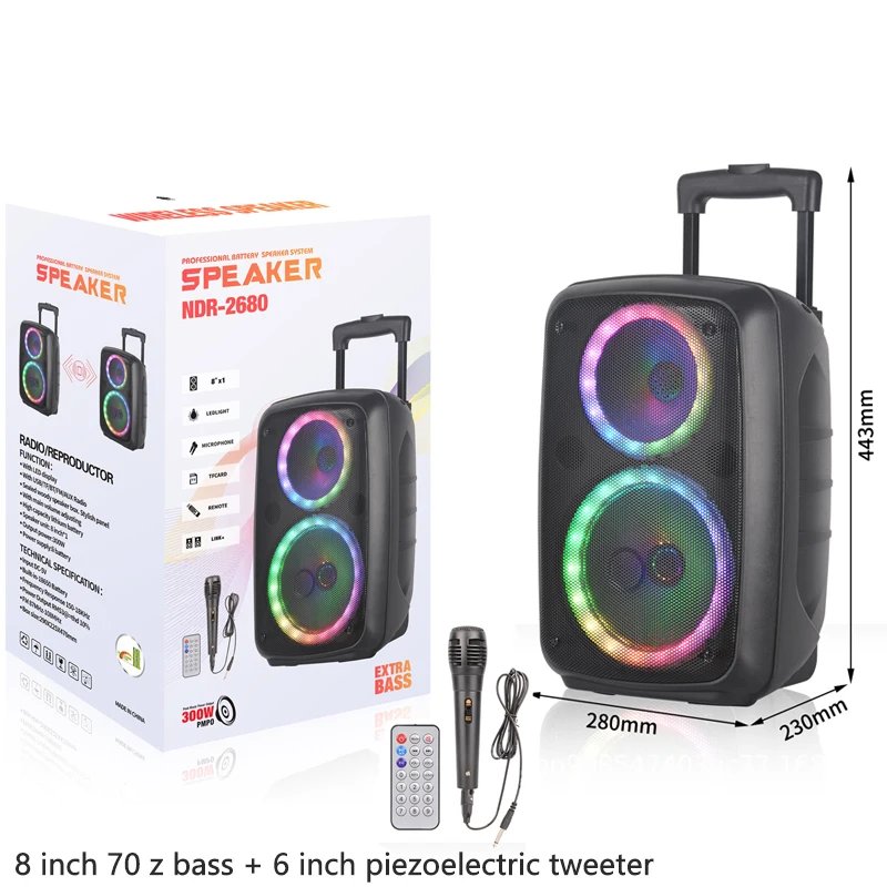 LED Trolley Box Party Speaker 2000W Peak Power 8 Inch Outdoor Portable FM Radio Bluetooth Speakers With Wired Mic Caixa De Som