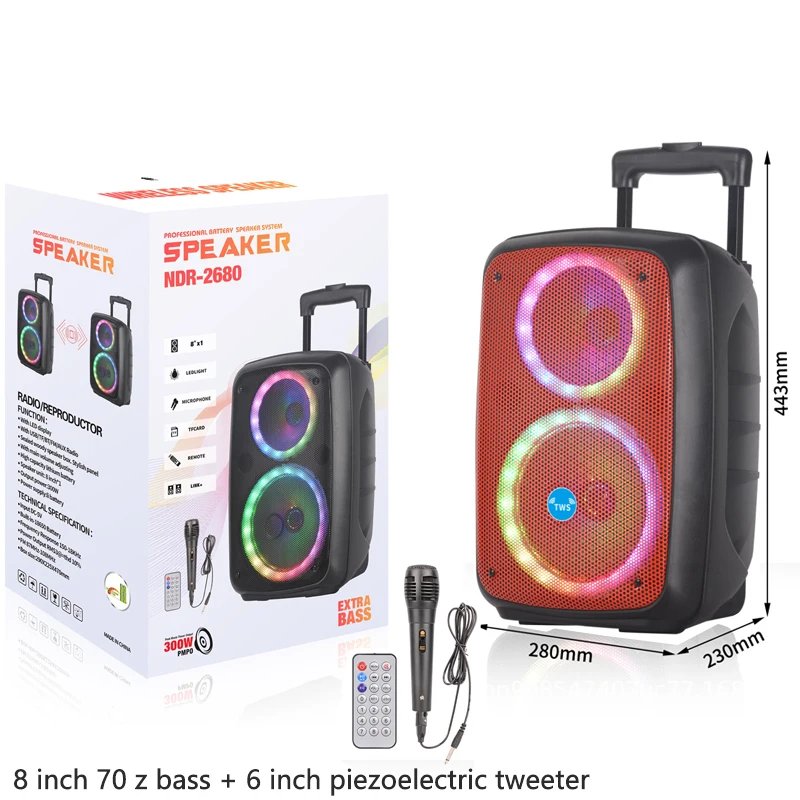 LED Trolley Box Party Speaker 2000W Peak Power 8 Inch Outdoor Portable FM Radio Bluetooth Speakers With Wired Mic Caixa De Som