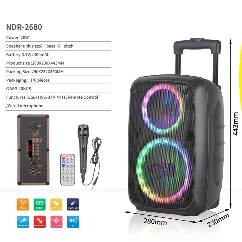 LED Trolley Box Party Speaker 2000W Peak Power 8 Inch Outdoor Portable FM Radio Bluetooth Speakers With Wired Mic Caixa De Som