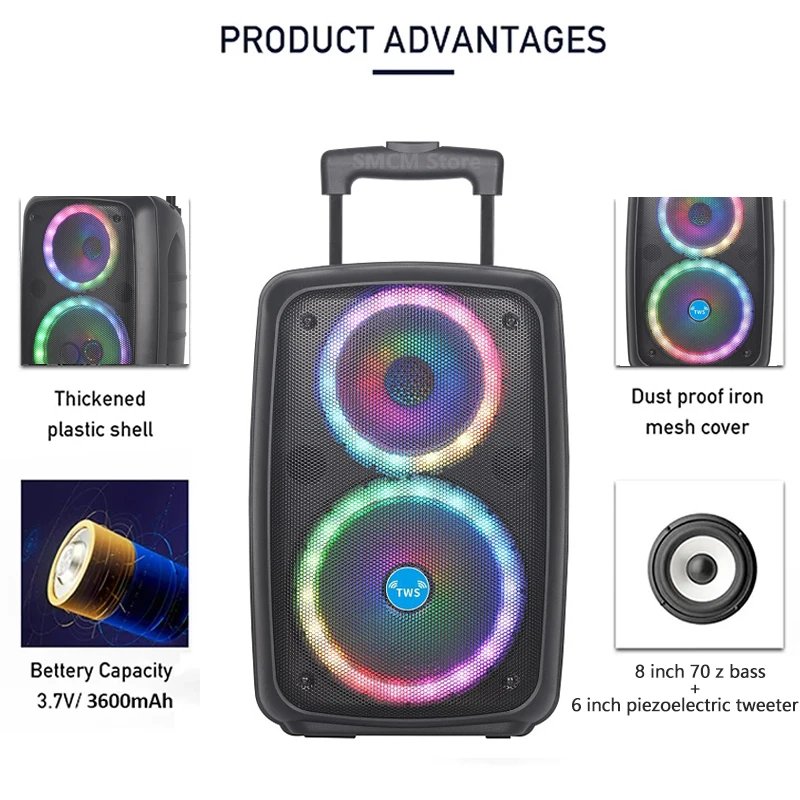 LED Trolley Box Party Speaker 2000W Peak Power 8 Inch Outdoor Portable FM Radio Bluetooth Speakers With Wired Mic Caixa De Som