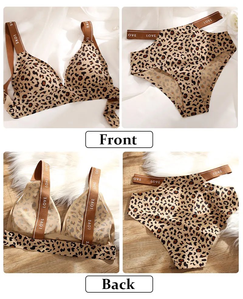 2PCS/Set Women Sexy Leopard Print V-neck Bra Briefs Set Seamless Underwear Elastic Waist Belt Panty Lady Soft Intimates Lingerie