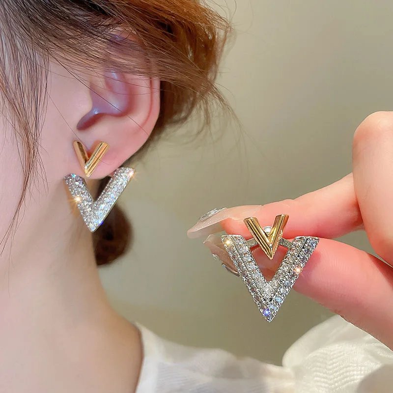 LATS Sweet Cool Detachable V-shaped Stud Earrings for Women V Full of Rhinestone Earring Fashion Jewelry Accessories Party Gifts