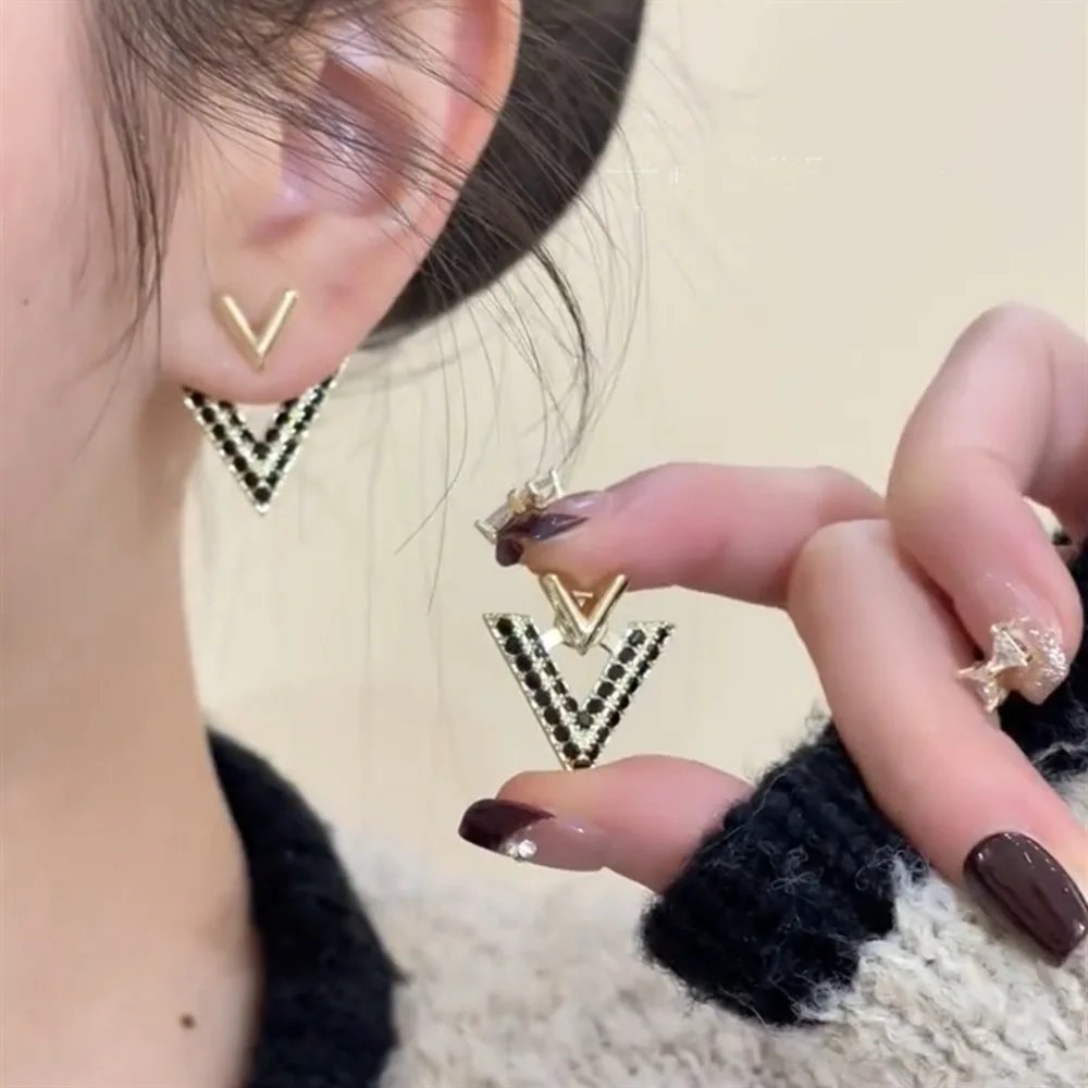 LATS Sweet Cool Detachable V-shaped Stud Earrings for Women V Full of Rhinestone Earring Fashion Jewelry Accessories Party Gifts