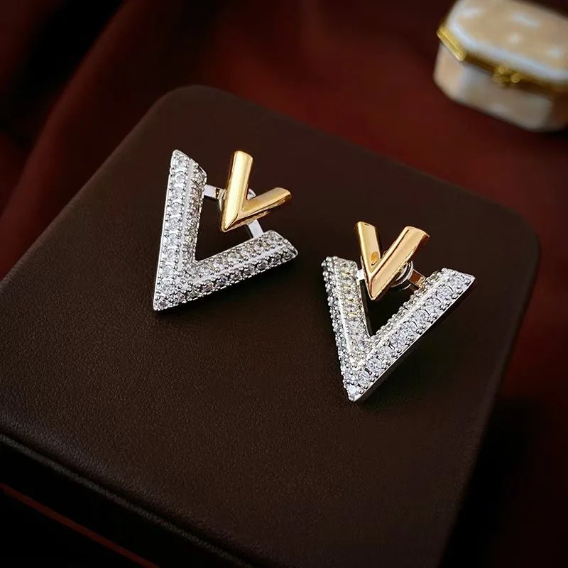 LATS Sweet Cool Detachable V-shaped Stud Earrings for Women V Full of Rhinestone Earring Fashion Jewelry Accessories Party Gifts