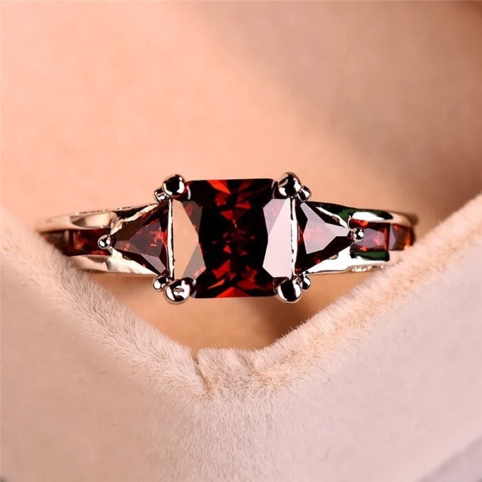 Fashion Elegant Women Silver Color Princess Square Cut Red Stone Engagement Wedding Rings for Women Jewelry Gift - Image 4