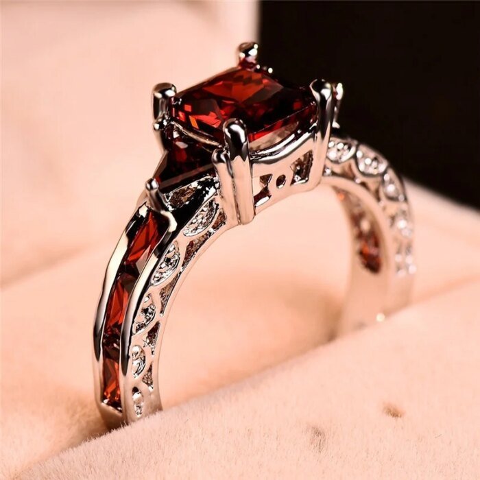 Fashion Elegant Women Silver Color Princess Square Cut Red Stone Engagement Wedding Rings for Women Jewelry Gift - Image 1