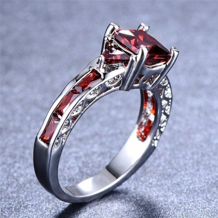 Fashion Elegant Women Silver Color Princess Square Cut Red Stone Engagement Wedding Rings for Women Jewelry Gift - Image 5