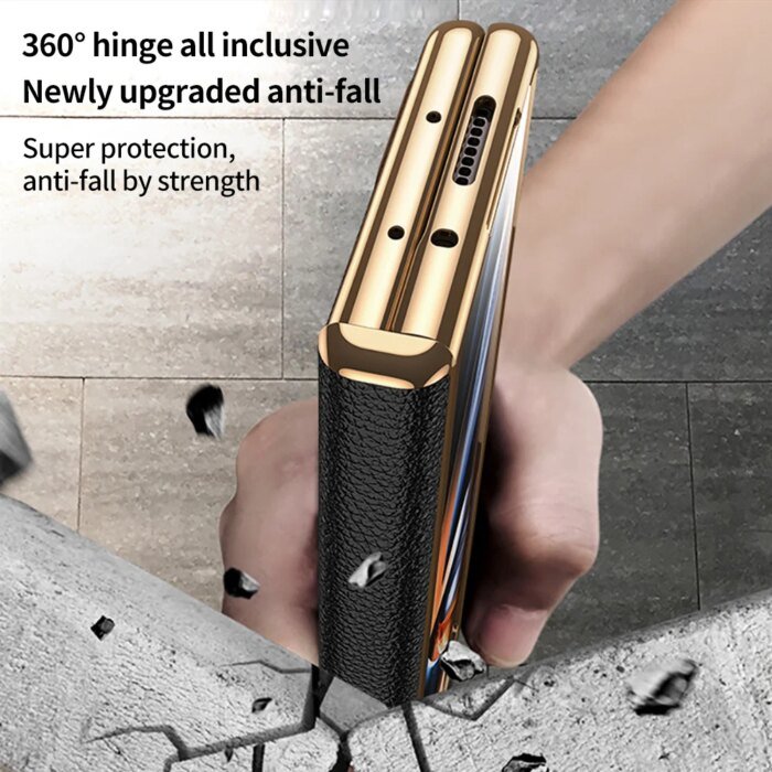 Leather Phone Case for Samsung Galaxy Z Fold 6 5 4 3 Fold6 Fold5 Gold Plating Magnetic Hinge Stand Back Cover with Mirror Film - Image 5