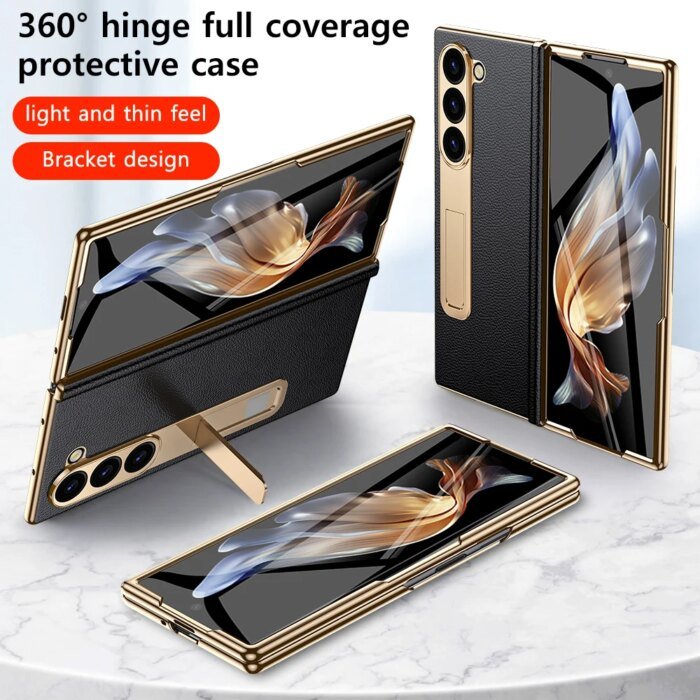 Leather Phone Case for Samsung Galaxy Z Fold 6 5 4 3 Fold6 Fold5 Gold Plating Magnetic Hinge Stand Back Cover with Mirror Film - Image 6